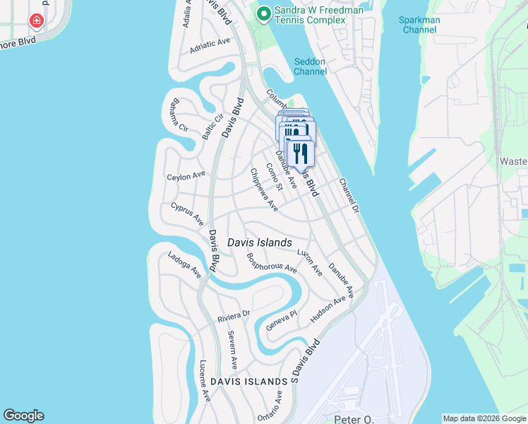 map of restaurants, bars, coffee shops, grocery stores, and more near 313 Chippewa Avenue in Tampa