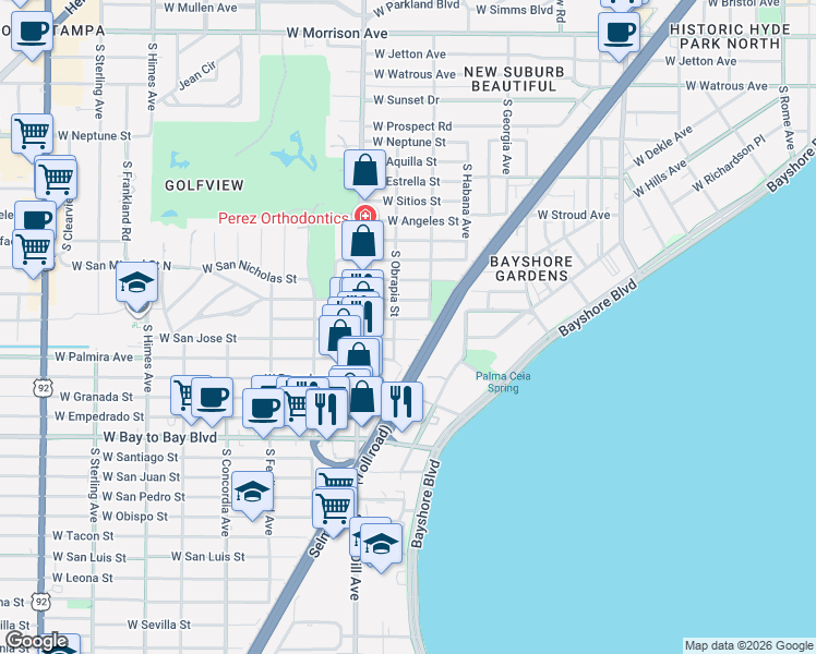 map of restaurants, bars, coffee shops, grocery stores, and more near 2903 West San Carlos Street in Tampa