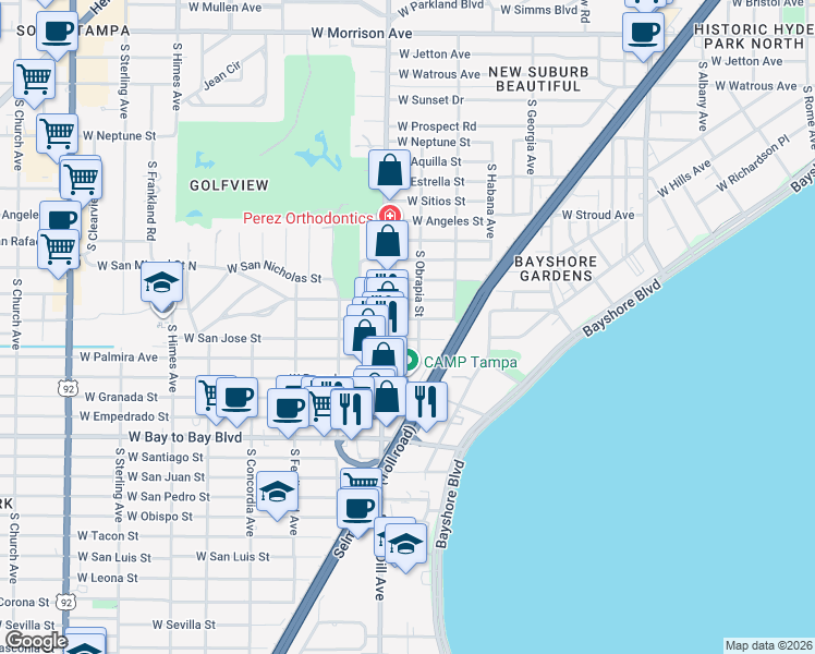 map of restaurants, bars, coffee shops, grocery stores, and more near 3003 West San Carlos Street in Tampa