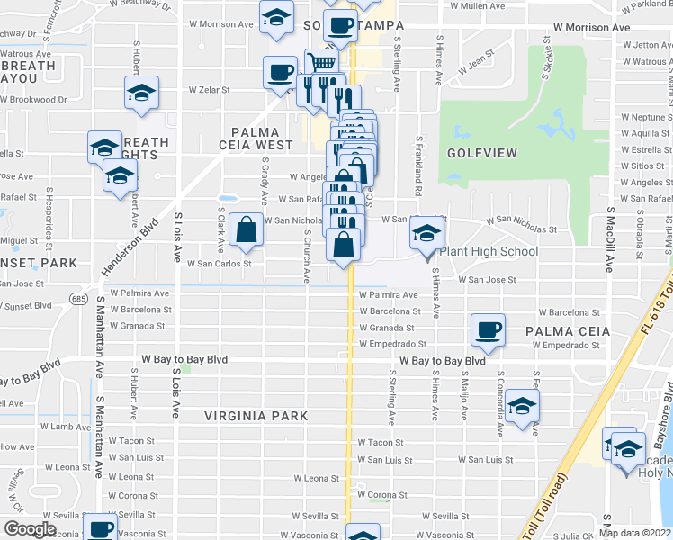 map of restaurants, bars, coffee shops, grocery stores, and more near in Tampa