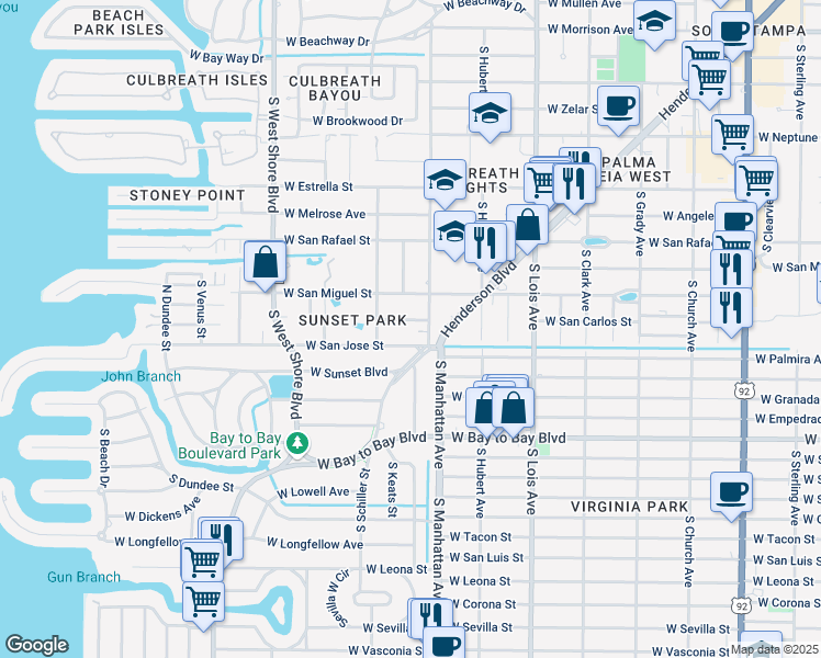 map of restaurants, bars, coffee shops, grocery stores, and more near 4411 West San Carlos Street in Tampa