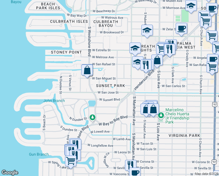 map of restaurants, bars, coffee shops, grocery stores, and more near 2303 South Hesperides Street in Tampa