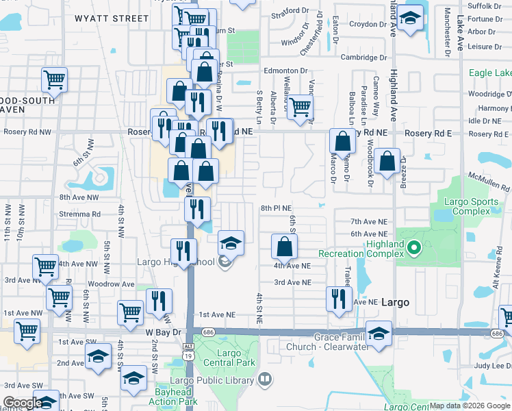 map of restaurants, bars, coffee shops, grocery stores, and more near 405 8th Avenue Northeast in Largo