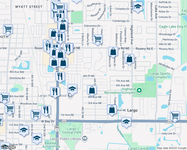 map of restaurants, bars, coffee shops, grocery stores, and more near 1075 6th Street Northeast in Largo