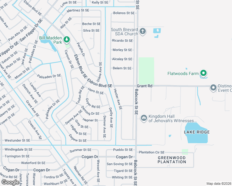 map of restaurants, bars, coffee shops, grocery stores, and more near 2814 Hester Avenue Southeast in Palm Bay