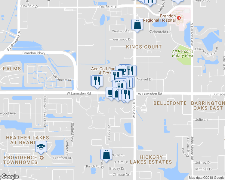 map of restaurants, bars, coffee shops, grocery stores, and more near 705 Dorado Court in Brandon