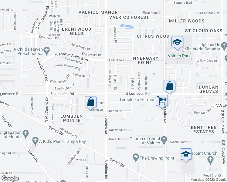 map of restaurants, bars, coffee shops, grocery stores, and more near 924 Kirkcaldy Way in Valrico
