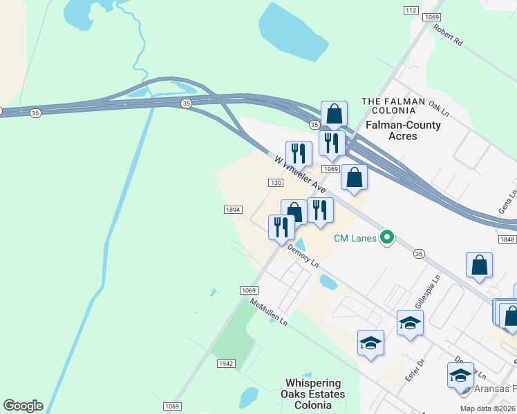 map of restaurants, bars, coffee shops, grocery stores, and more near 2710 Demory Lane in Aransas Pass