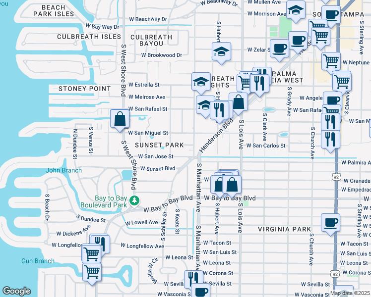 map of restaurants, bars, coffee shops, grocery stores, and more near 4411 West San Carlos Street in Tampa
