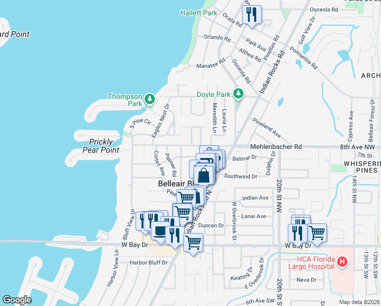 map of restaurants, bars, coffee shops, grocery stores, and more near 357 Mehlenbacher Road in Belleair Bluffs