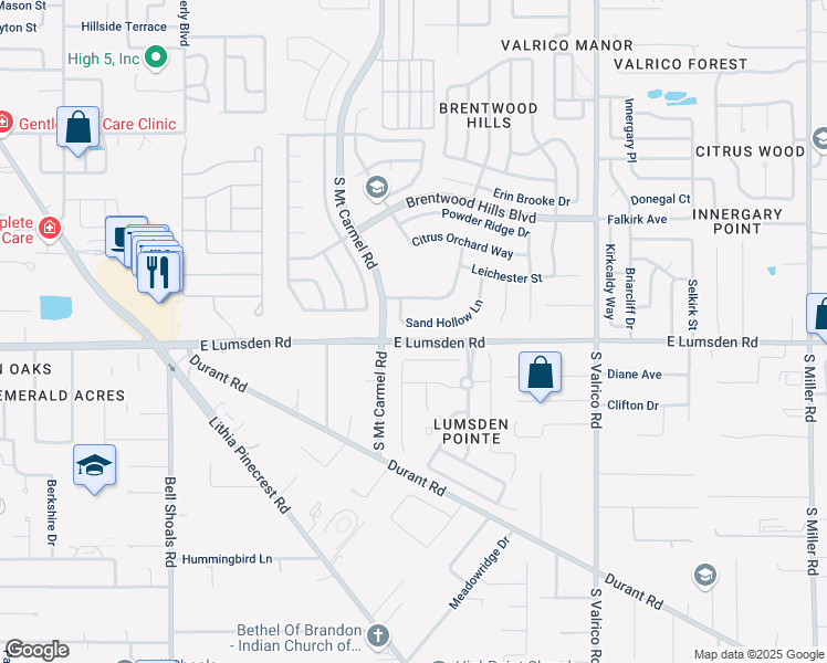map of restaurants, bars, coffee shops, grocery stores, and more near 1608 Sand Hollow Lane in Valrico