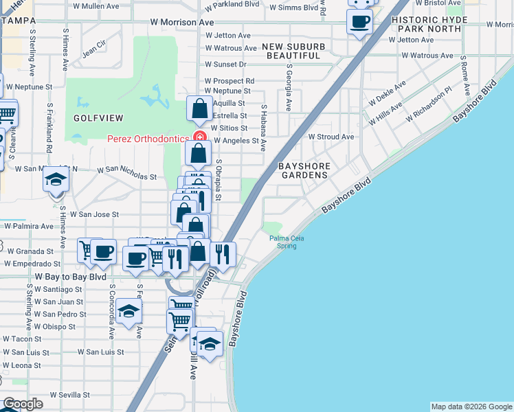 map of restaurants, bars, coffee shops, grocery stores, and more near 2501 Crowder Lane in Tampa