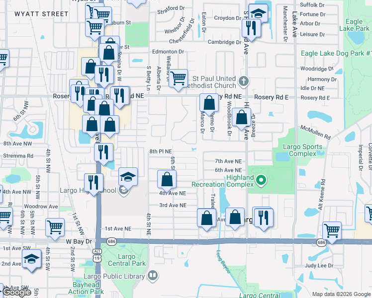 map of restaurants, bars, coffee shops, grocery stores, and more near 626 8th Avenue Northeast in Largo