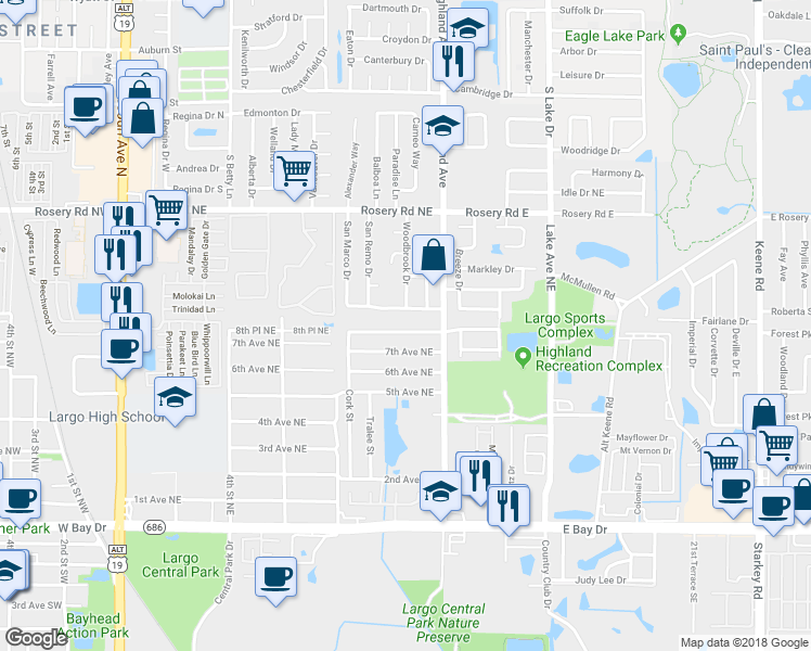 map of restaurants, bars, coffee shops, grocery stores, and more near 1120 8th Avenue Northeast in Largo