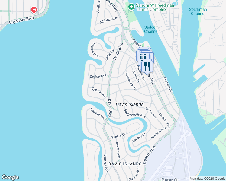 map of restaurants, bars, coffee shops, grocery stores, and more near 142 Biscayne Avenue in Tampa