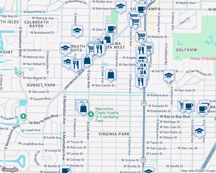 map of restaurants, bars, coffee shops, grocery stores, and more near 2308 South Clark Avenue in Tampa