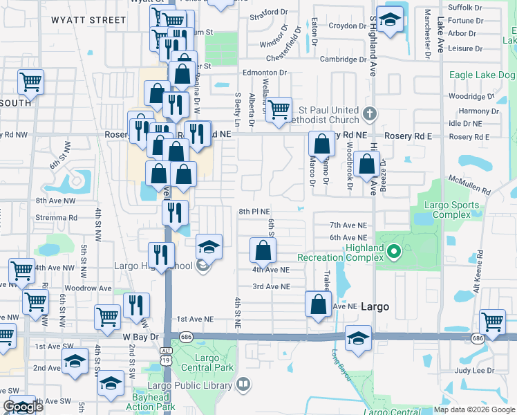 map of restaurants, bars, coffee shops, grocery stores, and more near 519 8th Avenue Northeast in Largo
