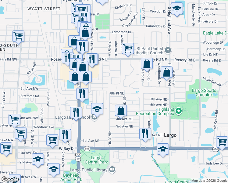 map of restaurants, bars, coffee shops, grocery stores, and more near 405 8th Avenue Northeast in Largo