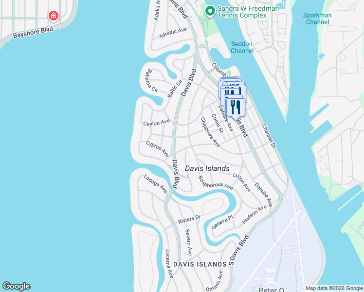 map of restaurants, bars, coffee shops, grocery stores, and more near 142 Biscayne Avenue in Tampa