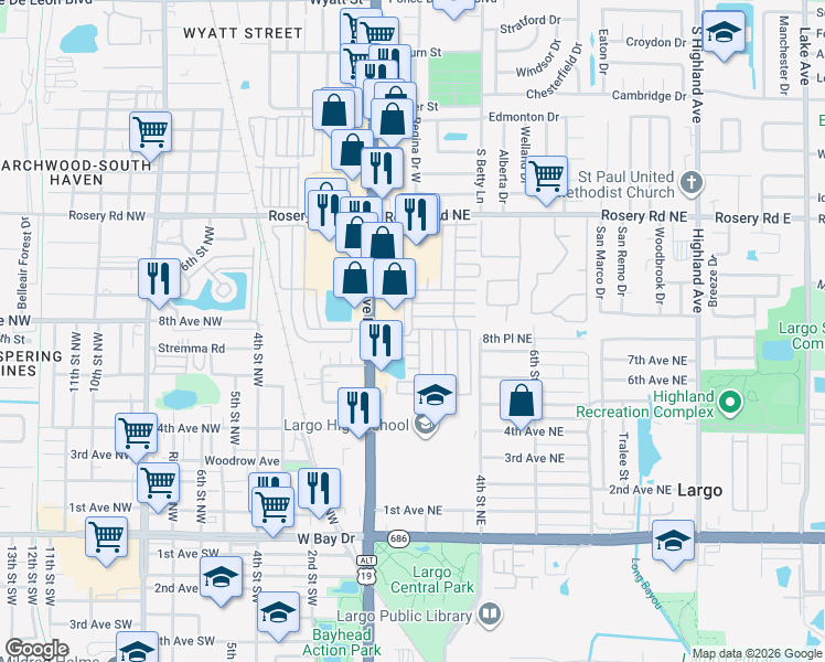 map of restaurants, bars, coffee shops, grocery stores, and more near 900 Missouri Avenue North in Largo
