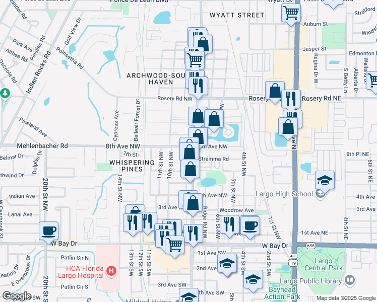 map of restaurants, bars, coffee shops, grocery stores, and more near 831 8th Avenue Northwest in Largo