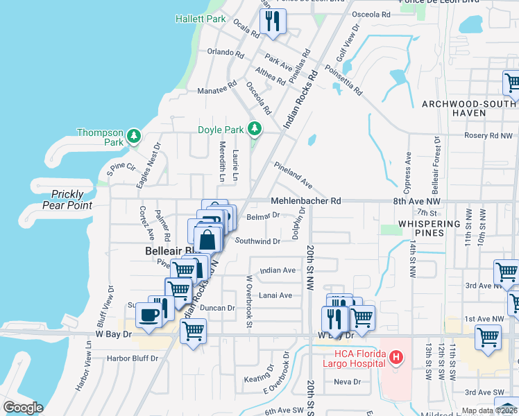 map of restaurants, bars, coffee shops, grocery stores, and more near 551 Mehlenbacher Road in Belleair Bluffs