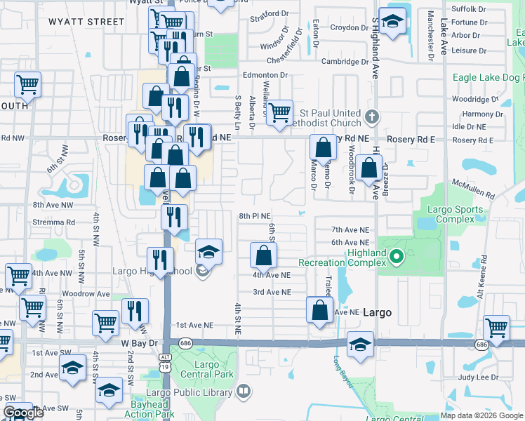 map of restaurants, bars, coffee shops, grocery stores, and more near 519 8th Avenue Northeast in Largo