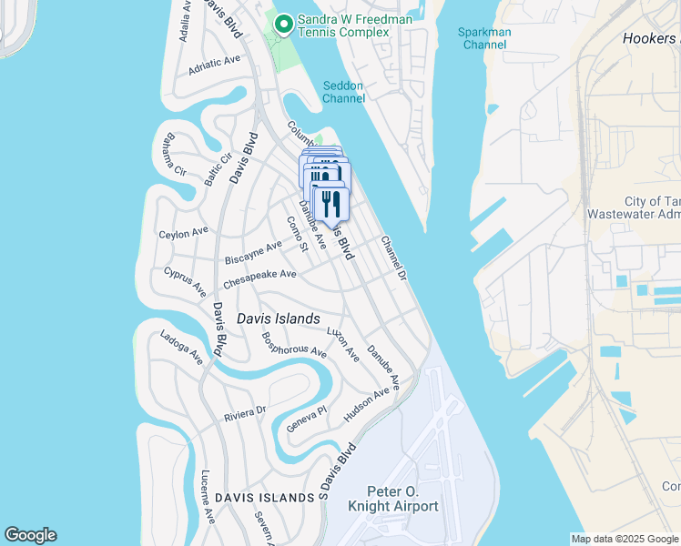 map of restaurants, bars, coffee shops, grocery stores, and more near 411 Danube Avenue in Tampa