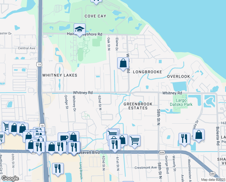map of restaurants, bars, coffee shops, grocery stores, and more near 2854 Whitney Road in Clearwater