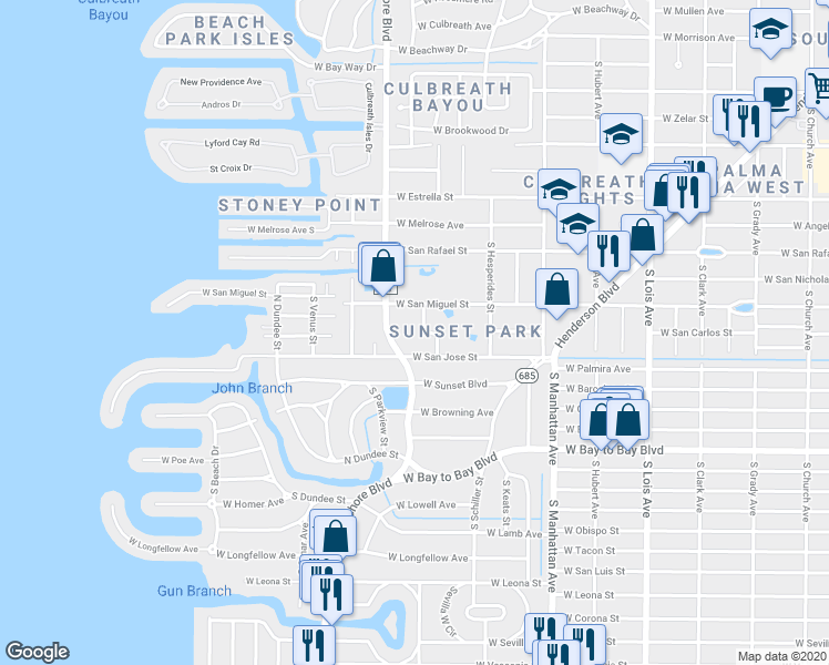 map of restaurants, bars, coffee shops, grocery stores, and more near 2309 South Lila Lane in Tampa