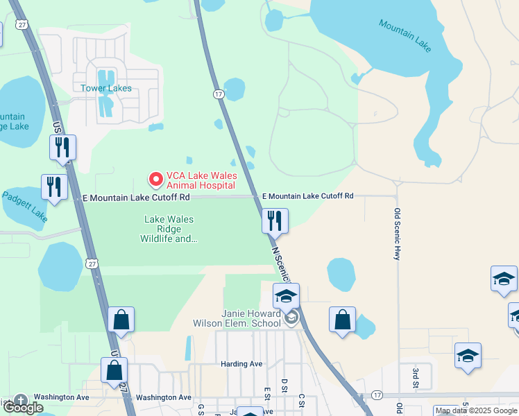 map of restaurants, bars, coffee shops, grocery stores, and more near 1599 North Scenic Highway in Lake Wales