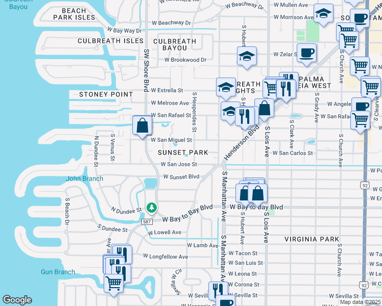 map of restaurants, bars, coffee shops, grocery stores, and more near 2303 South Hesperides Street in Tampa