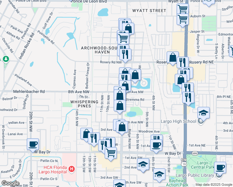 map of restaurants, bars, coffee shops, grocery stores, and more near 831 8th Avenue Northwest in Largo