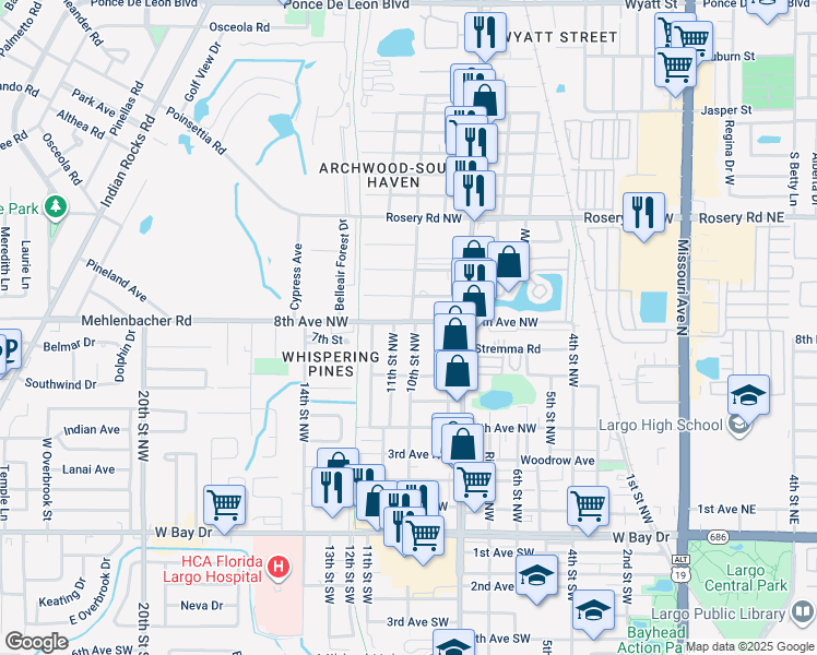map of restaurants, bars, coffee shops, grocery stores, and more near 1009 8th Avenue Northwest in Largo