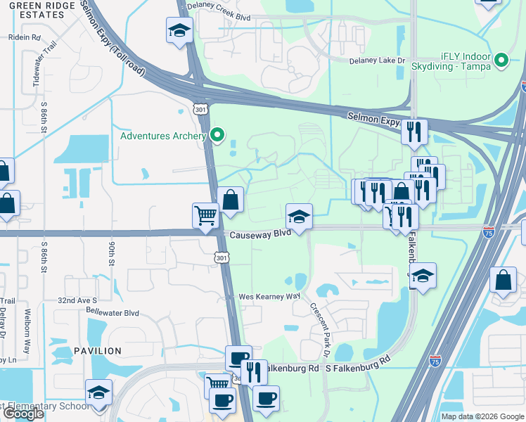 map of restaurants, bars, coffee shops, grocery stores, and more near 10109 Mariposa Place in Tampa
