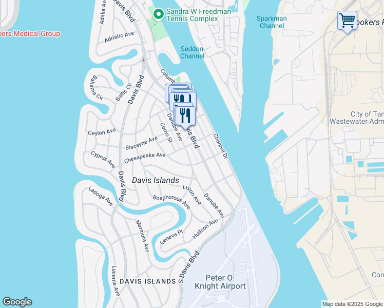 map of restaurants, bars, coffee shops, grocery stores, and more near 420 East Davis Boulevard in Tampa