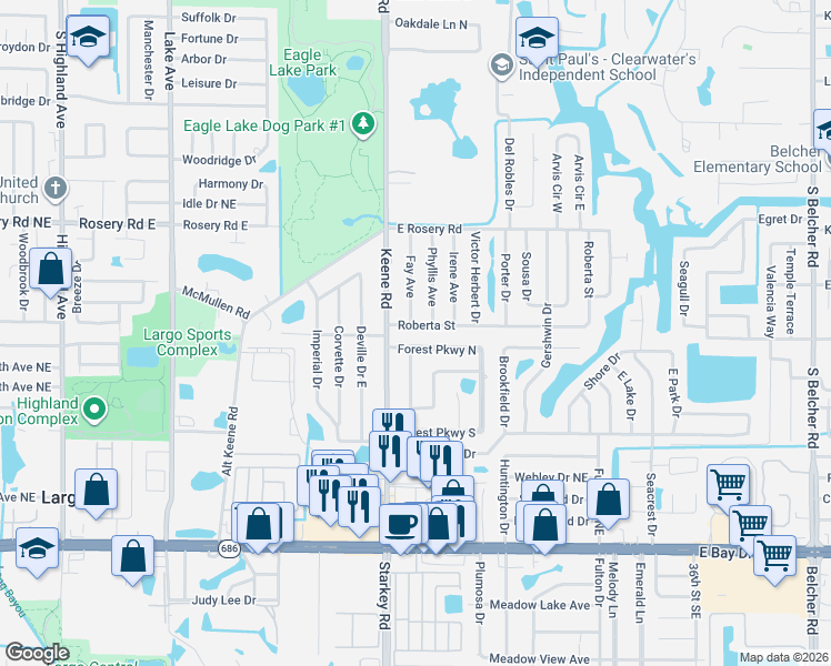map of restaurants, bars, coffee shops, grocery stores, and more near 2540 Roberta Street in Largo