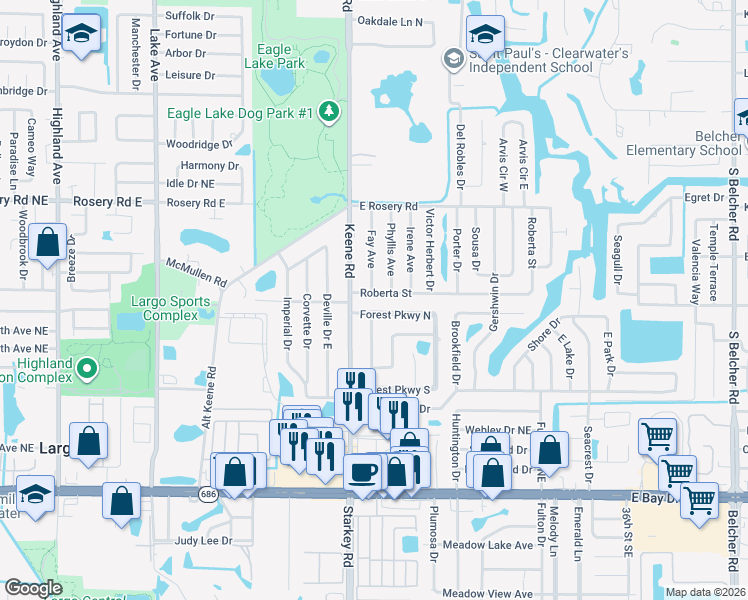 map of restaurants, bars, coffee shops, grocery stores, and more near 2540 Roberta Street in Largo