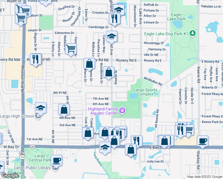 map of restaurants, bars, coffee shops, grocery stores, and more near 1201 Rosewood Street in Largo