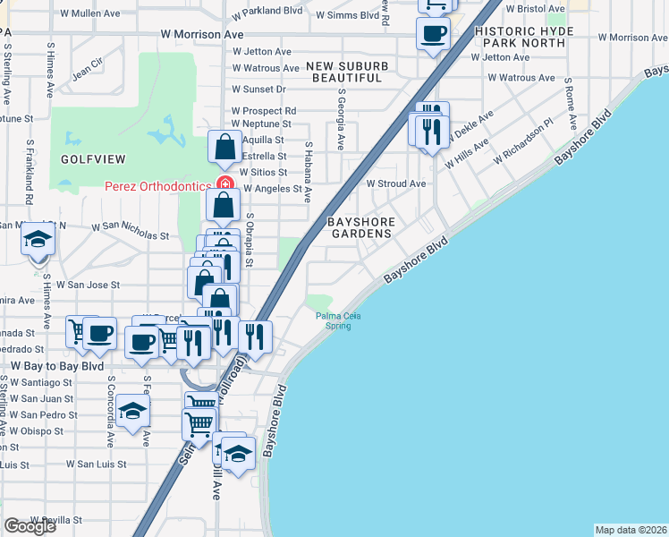 map of restaurants, bars, coffee shops, grocery stores, and more near 2526 West Maryland Avenue in Tampa