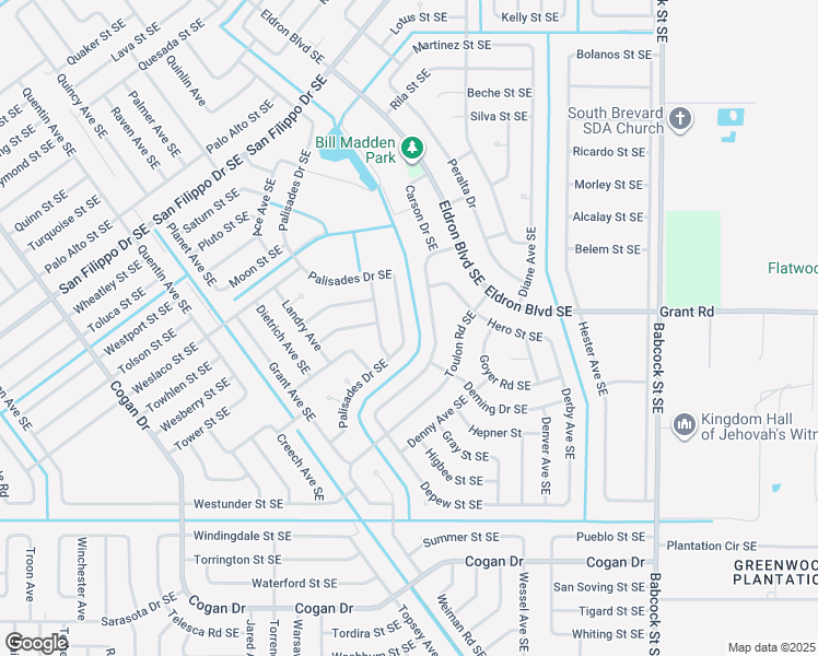 map of restaurants, bars, coffee shops, grocery stores, and more near 2817 Palisades Drive Southeast in Palm Bay