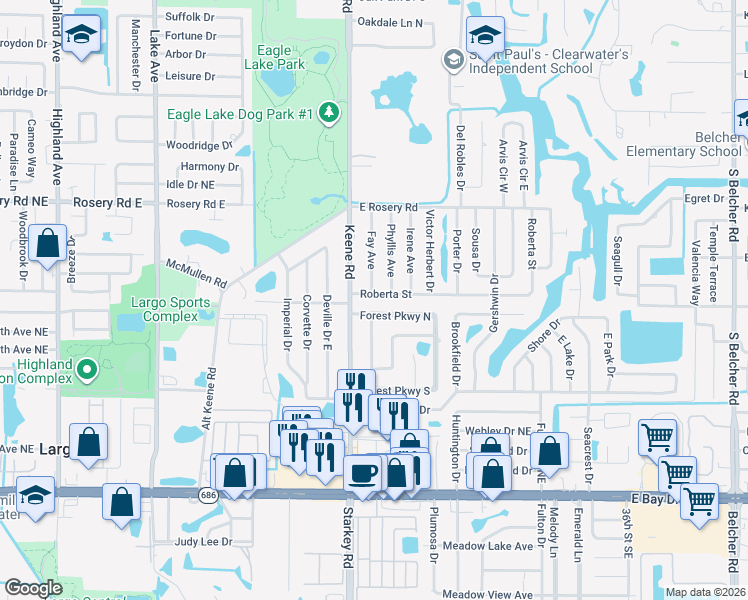 map of restaurants, bars, coffee shops, grocery stores, and more near 2540 Roberta Street in Largo