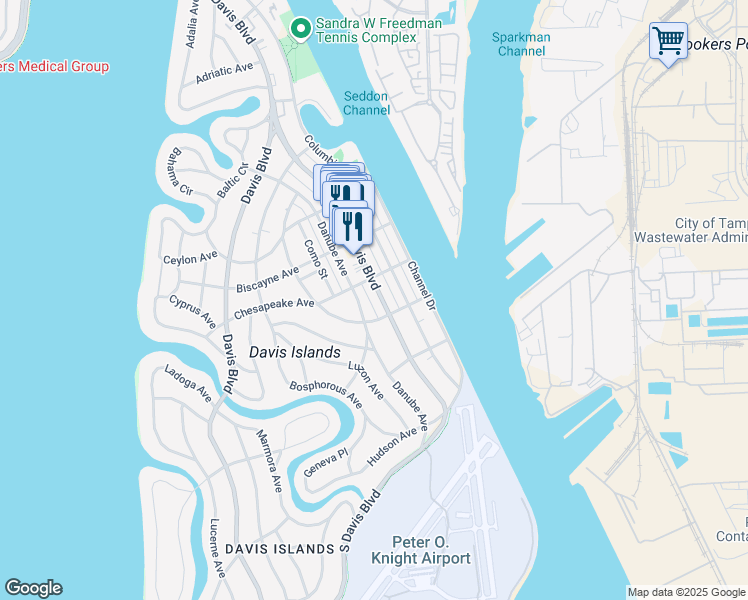 map of restaurants, bars, coffee shops, grocery stores, and more near 420 East Davis Boulevard in Tampa