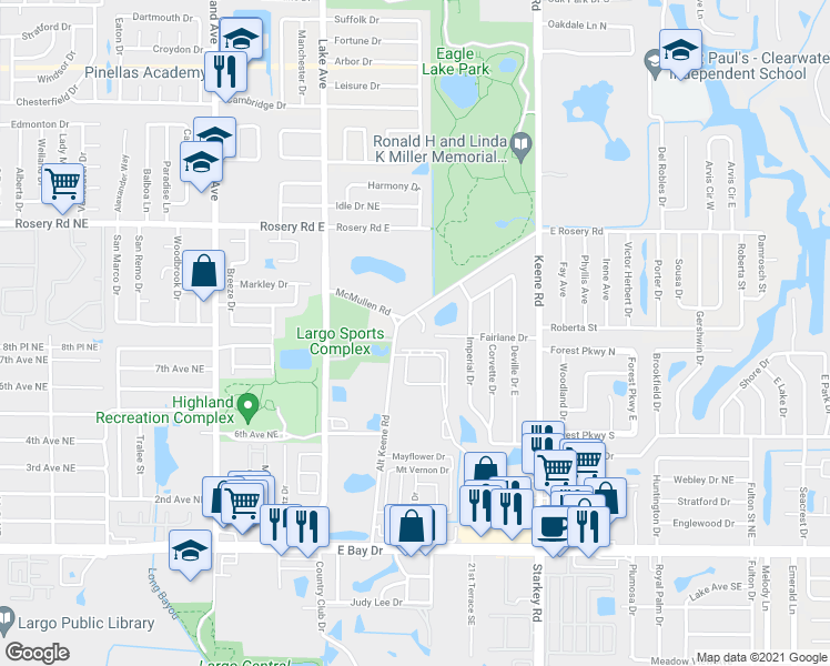 map of restaurants, bars, coffee shops, grocery stores, and more near 800 Embassy Road in Largo