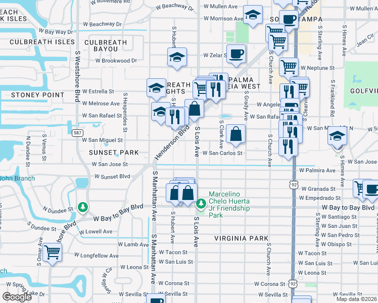 map of restaurants, bars, coffee shops, grocery stores, and more near 2308 South Thixton Court in Tampa