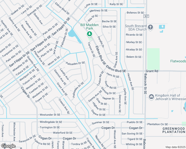 map of restaurants, bars, coffee shops, grocery stores, and more near 2804 Digby Road Southeast in Palm Bay