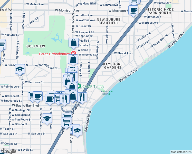 map of restaurants, bars, coffee shops, grocery stores, and more near 2501 Crowder Lane in Tampa