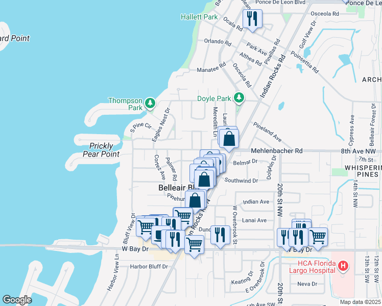map of restaurants, bars, coffee shops, grocery stores, and more near 357 Mehlenbacher Road in Belleair Bluffs
