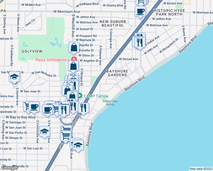 map of restaurants, bars, coffee shops, grocery stores, and more near 2530 West Maryland Avenue in Tampa