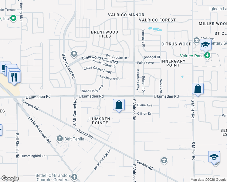 map of restaurants, bars, coffee shops, grocery stores, and more near 1813 Powder Ridge Drive in Valrico